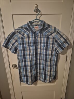 Levi's Short-Sleeve Shirt Mens Western Blue White Plaid Pearl Snap XXL
